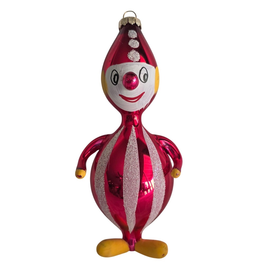 VTG De Carlini Italy Hand Blown Glass Clown Christmas Ornament Mica Stripes READ